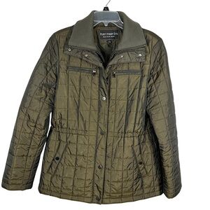 Fleet Street Quilted Jacket Size L Olive Front Zipper& Snaps Draw String Lined